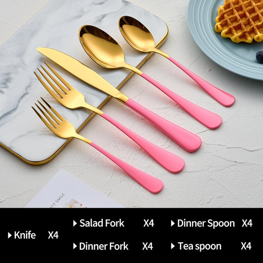20-Pieces Gold and Pink Silverware Sets for 4,Pink Handle Stainless Steel Cutlery Set, Include Forks Spoons and Knives Set, Dishwasher Safe Utensil Sets for Home Restaurant