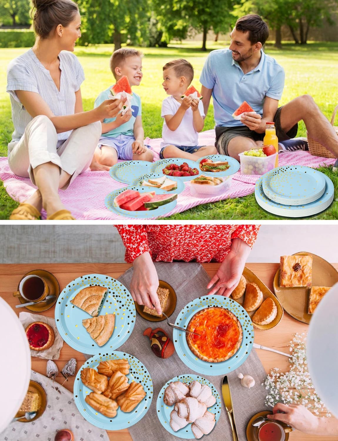 141 Pieces Light Blue and Gold Party Supplies, Party Dinnerware Sets Include Paper Plates Napkins Cups Silverware, for Wedding Bridal Shower Engagement Birthday Parties Decoration -20 Serves