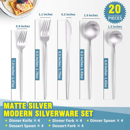 Lemeya Matte Silverware Set for 4,Modern Stainless Steel Brushed Cutlery Set,20-Pieces Heavy Duty Flatware Set,Knives Spoons and Forks Set Utensils Set, Satin Finish, Dishwasher Safe