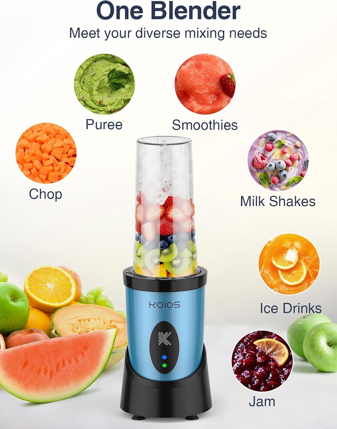 KOIOS Blender for Smoothies, Peak 900W Personal Blender for Kitchen Shakes and Smoothies, with 2×22oz Portable Cups and To-Go Lids, Detachable 4-Leaf Stainless Steel Blade, Nutrition Recipe, Blue