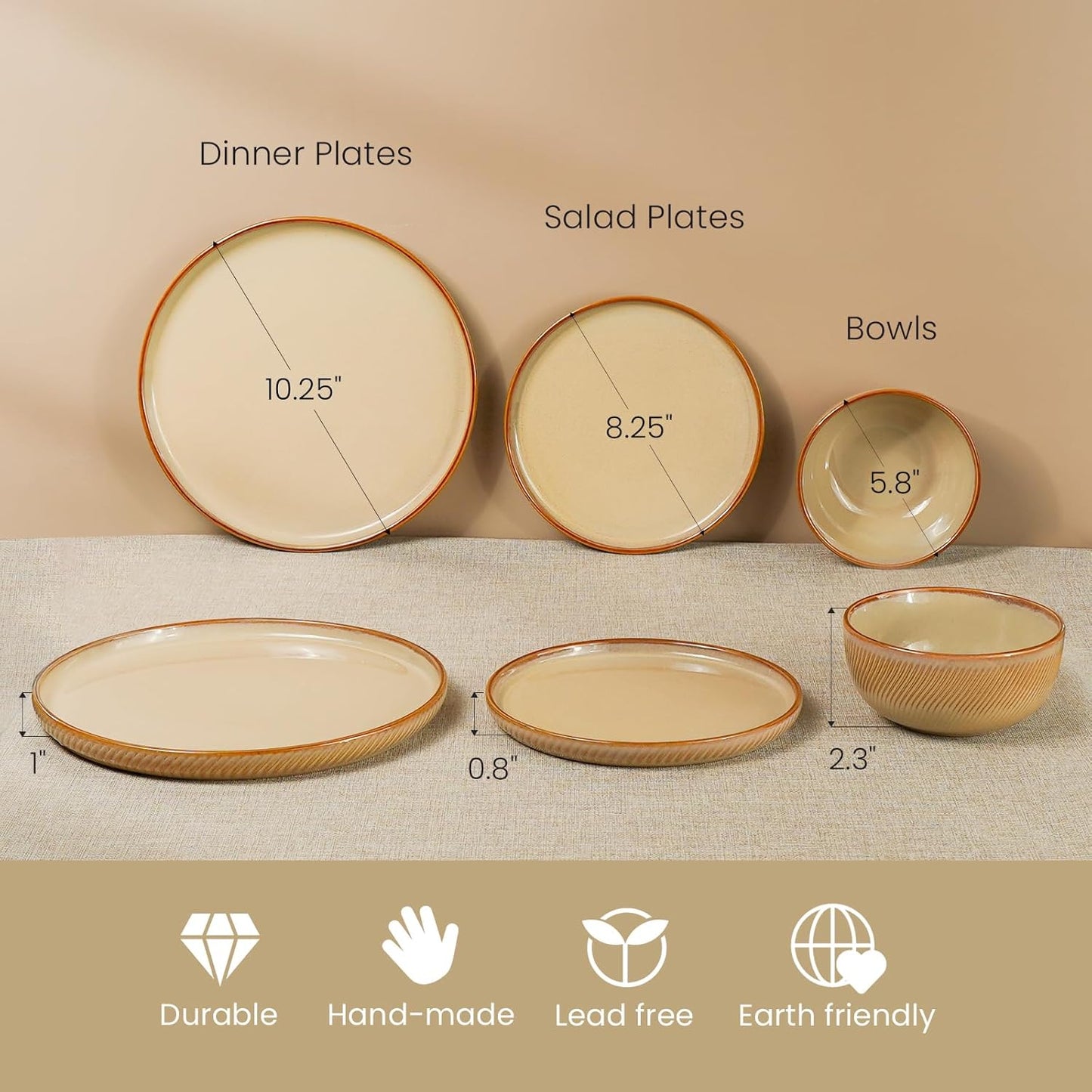 Earthsong Dinnerware Sets for 8, 24-Piece Ceramic Plates and Bowls Set, Dishwasher and Microwave Safe Stoneware Dishes Set, Ribbed, Caramel Dusk