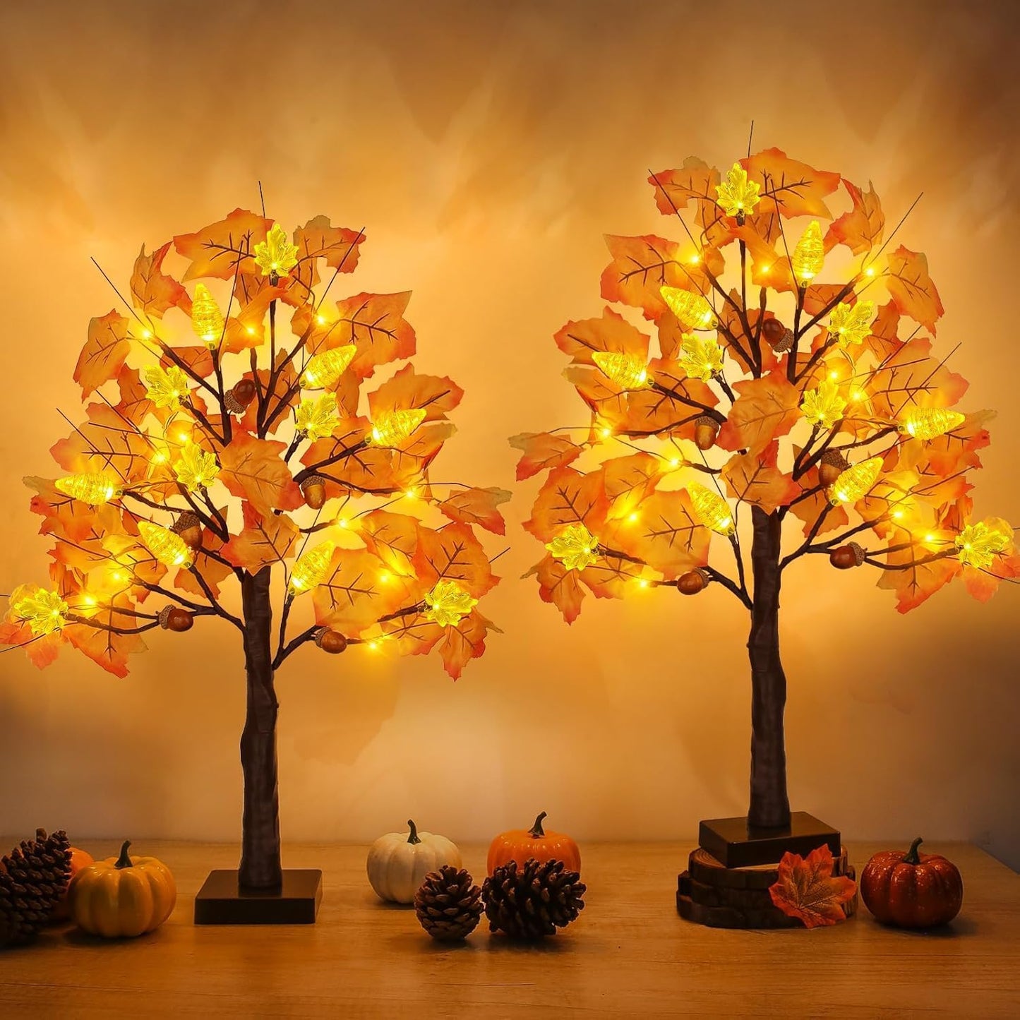 2 Pack 24 Inch Prelit Fall Maple Tree Decorations with 48 LEDs Timer Fall Battery Operated Lighted Artificial Pumpkin Acorn Light Up Maple Tree for Thanksgiving Harvest Table Home Indoor Decor