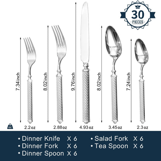 KINGSTONE Retro Rope-Pattern Silverware Set, 30-Piece Flatware Set Cutlery Set Forged with Handcrafted Texture Handles 18/10 Stainless Steel, Dishwasher Safe
