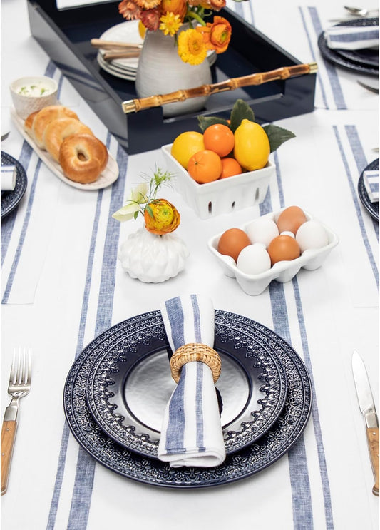 Solino Home Linen Table Runner 108 Inches Long - French Stripe, 100% Pure Linen Navy and White Farmhouse Table Runner 14 x 108 Inch Ideal for Dining, Fall, Autumn, Thanksgiving