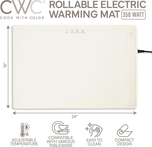 COOK WITH COLOR 350W Electric Food Warming Mat - Portable Food Warmer Tray with Adjustable Temperature, Fast 60-Second Heating, Auto Shut-Off, Rollable Silicone Pad for Parties & Everyday Use, Cream