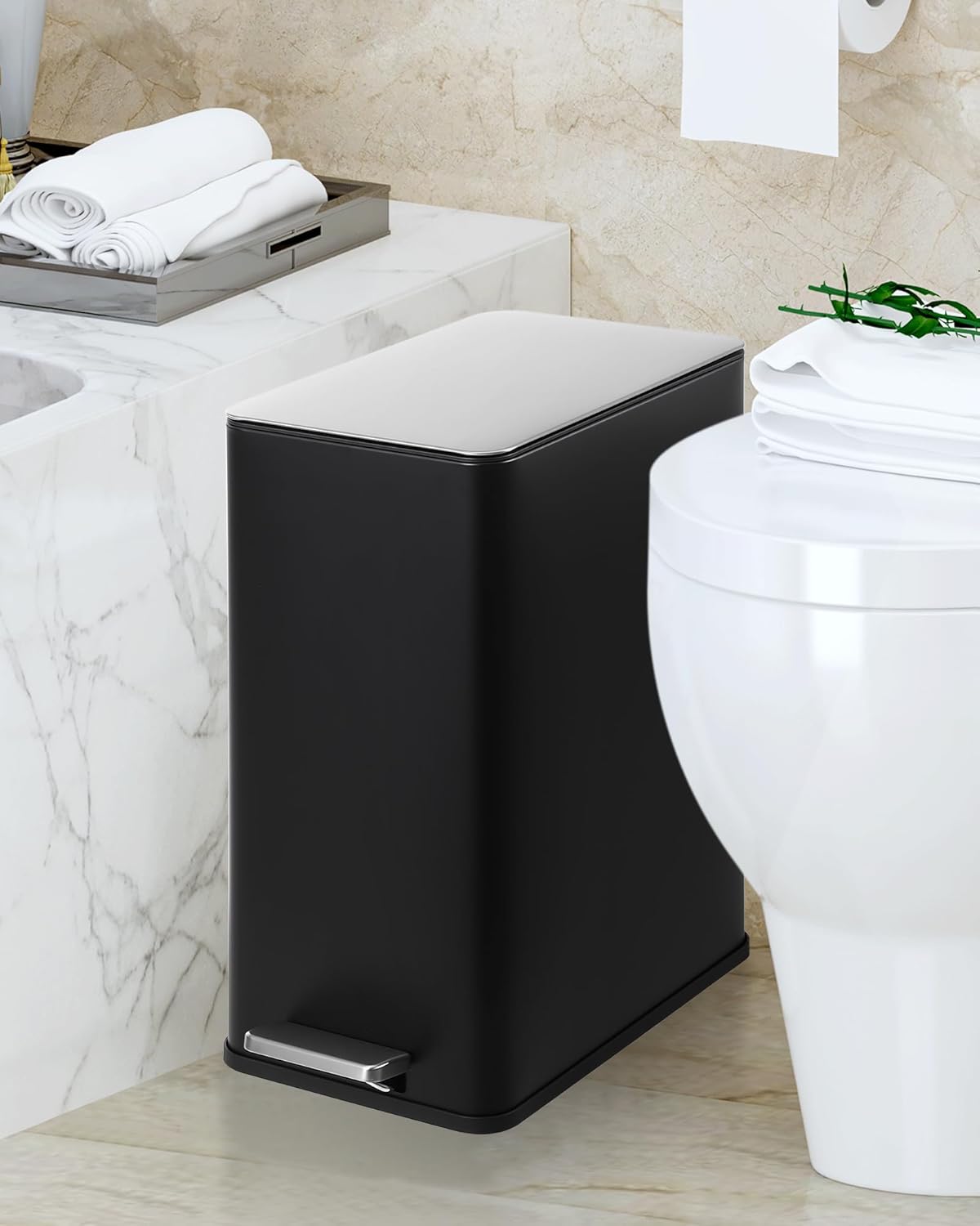 4 Gallon Stainless Steel Trash Can with Soft Close Lid, Step-on Bathroom & Kitchen Garbage Bin, Compact Slim Design with Removable Inner Bucket for Office, Living Room