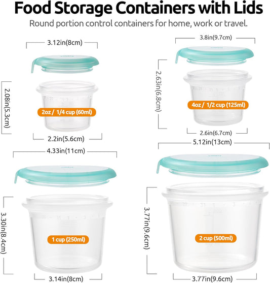 U-Taste Silicone Food Storage Containers Set: Meal Prep Box with Airtight Lid, Freezer & Microwave Safe, Date Marking Circle, Clear cup/oz/ml Measurement for Dry & Wet Deli -2oz/4oz/8oz/16oz, Aqua Sky
