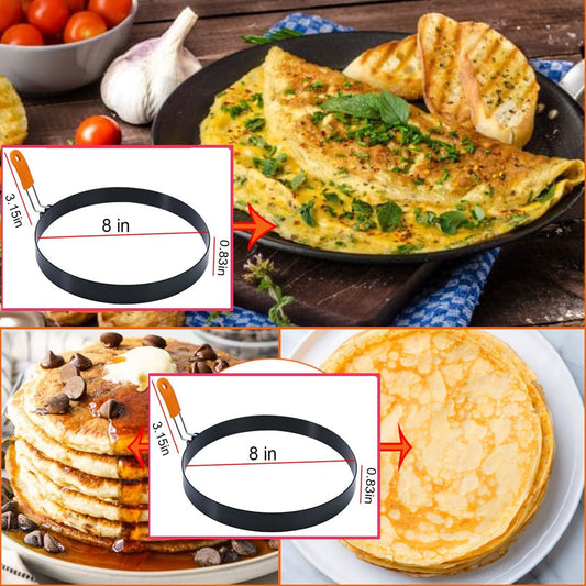 Large 2 Packs 8" Omelette Ring for Griddle,Stainless Steel 8 Inch Griddle Omelet Rings,Non-Stick Pancake Egg Ring Round Omelette Rings Omelet Mold Muffin Mold Silicone Handle