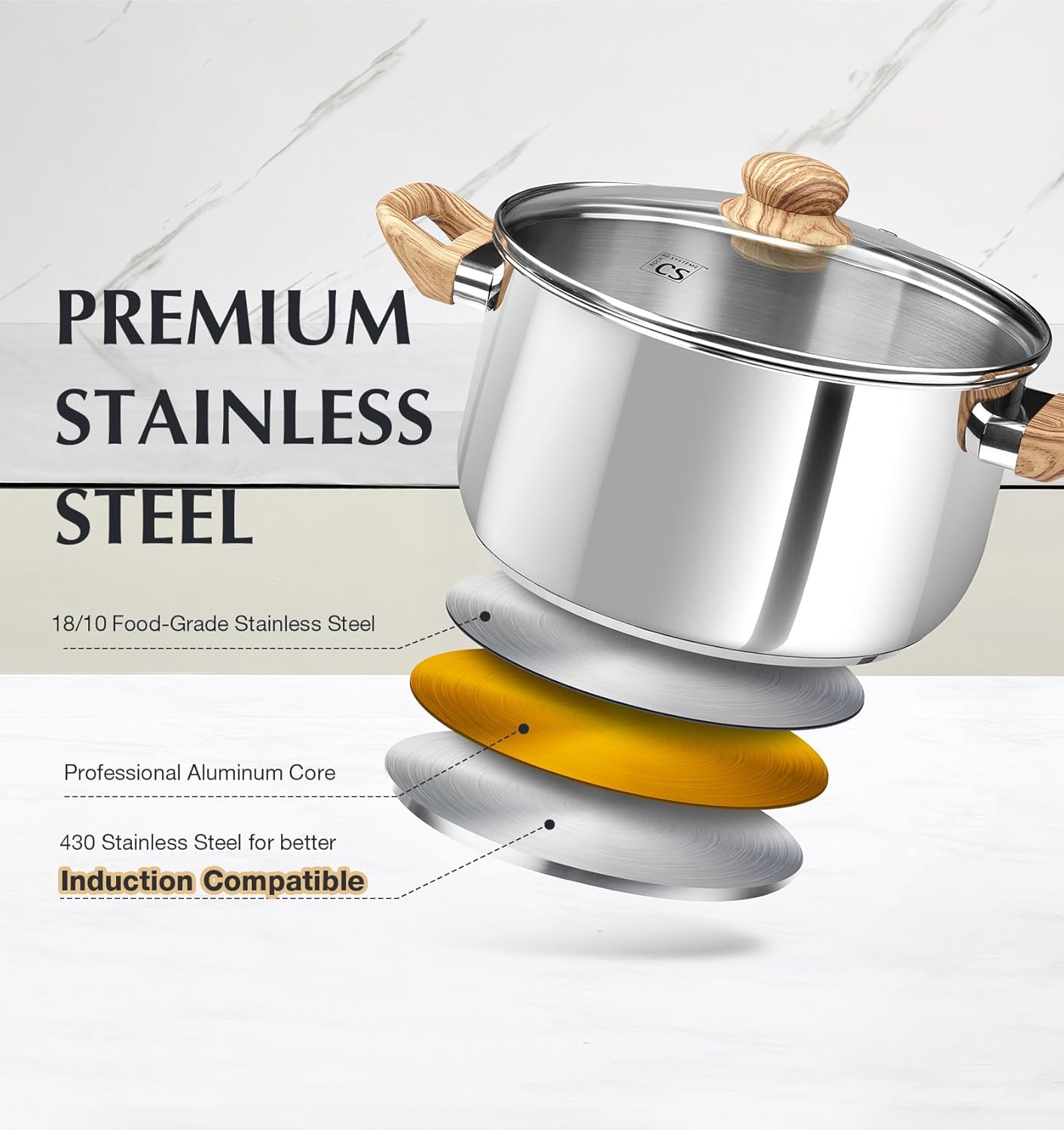 KOCH SYSTEME CS Stainless Steel Pot - 6 Quart Induction Stainless Steel Stock Pot with Lid for Pasta, Soup, Spaghetti, Steel Soup pots with Heat-Resistant Bakelite Double Handle, Dishwasher Safe