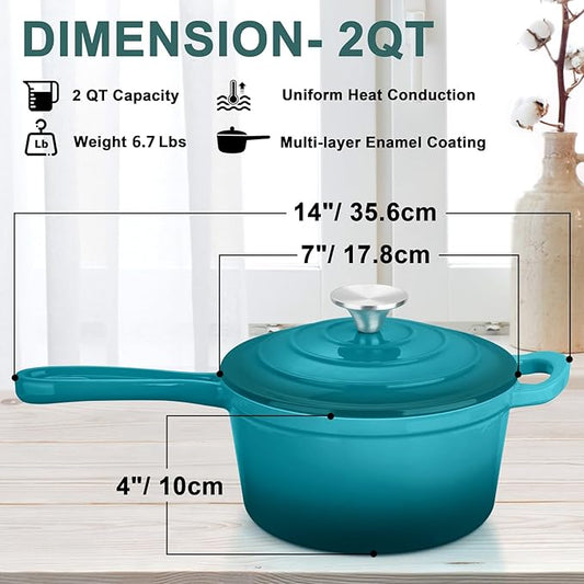 Enameled Cast Iron Sauce Pan with Lid, Leonyo 2 Quart Saucepan with Lid, Enamel Cast Iron Pot Dutch Oven Kitchen Cookware for All Cooktops Cooking Soup, Milk - Up to 500°F & 6.7Lbs, Lake Green