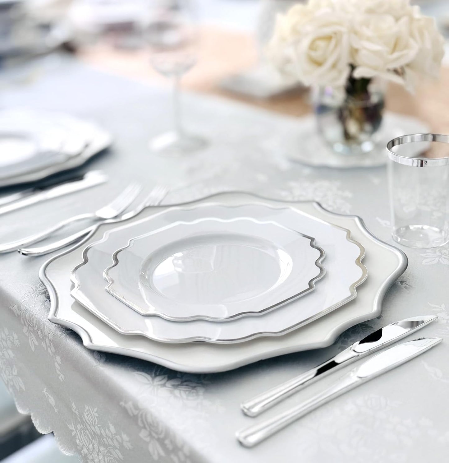 " OCCASIONS " 80 Plates Pack,(40 Guests) Heavyweight Wedding Party Disposable Plastic Plates Set -40 x 10.5'' Dinner + 40 x 8'' Salad/Dessert Plate (Imperial in White & Silver Rim)