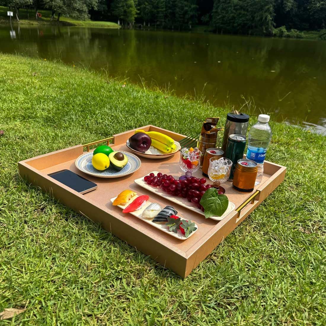 24x24 Inches Extra Large Champagne Faux Leather Wrapped Wood Ottoman Tray with Golden Handles for Serving Food Breakfast On Bed, Square Coffee Table Organizer, Home Decor and Decorative