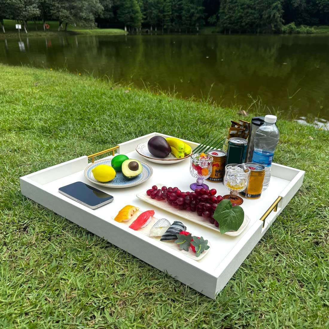 24x24 Inches Extra Large White Faux Leather Wrapped Wood Ottoman Tray with Golden Handles for Serving Food and Breakfast On Bed, Square Coffee Table Organizer, Home Decor and Decorative