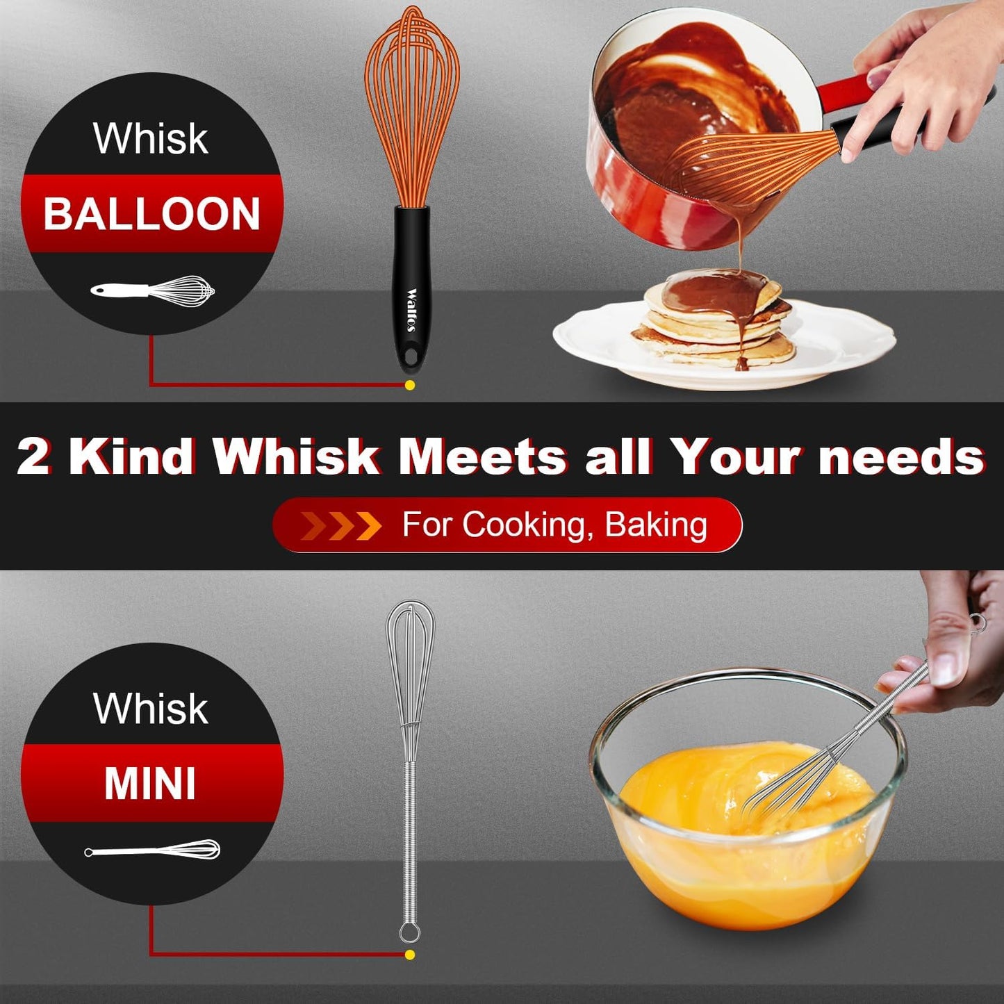 Walfos Whisk, Silicone Whisks Set of 5, Mini Stainless Steel Whisk 7+5in and Non Scratch Coated 7+9+11in Whisks, Suitable for Blending, Whisking, Beating, Frothing & Stirring. (Orange)