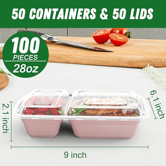 50 Pack (100-Piece) 28 oz Meal Prep Containers Reusable with Lids 2-Compartment, Sturdy Leakproof Food Safe, Microwave Freezer Dishwasher Safe, To Go Take Out Plastic Food Storage, Pink