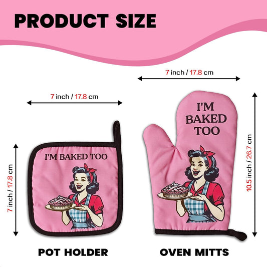 Retro Housewife Oven Mitts and Pot Holders(Set of 2) I'm Baked Too Heat Resistant Baking Mitts Silicone Non-Slip Oven Mitts Kitchen Chef Gift Funny Birthday Gift for Women Hostess Mom Friend