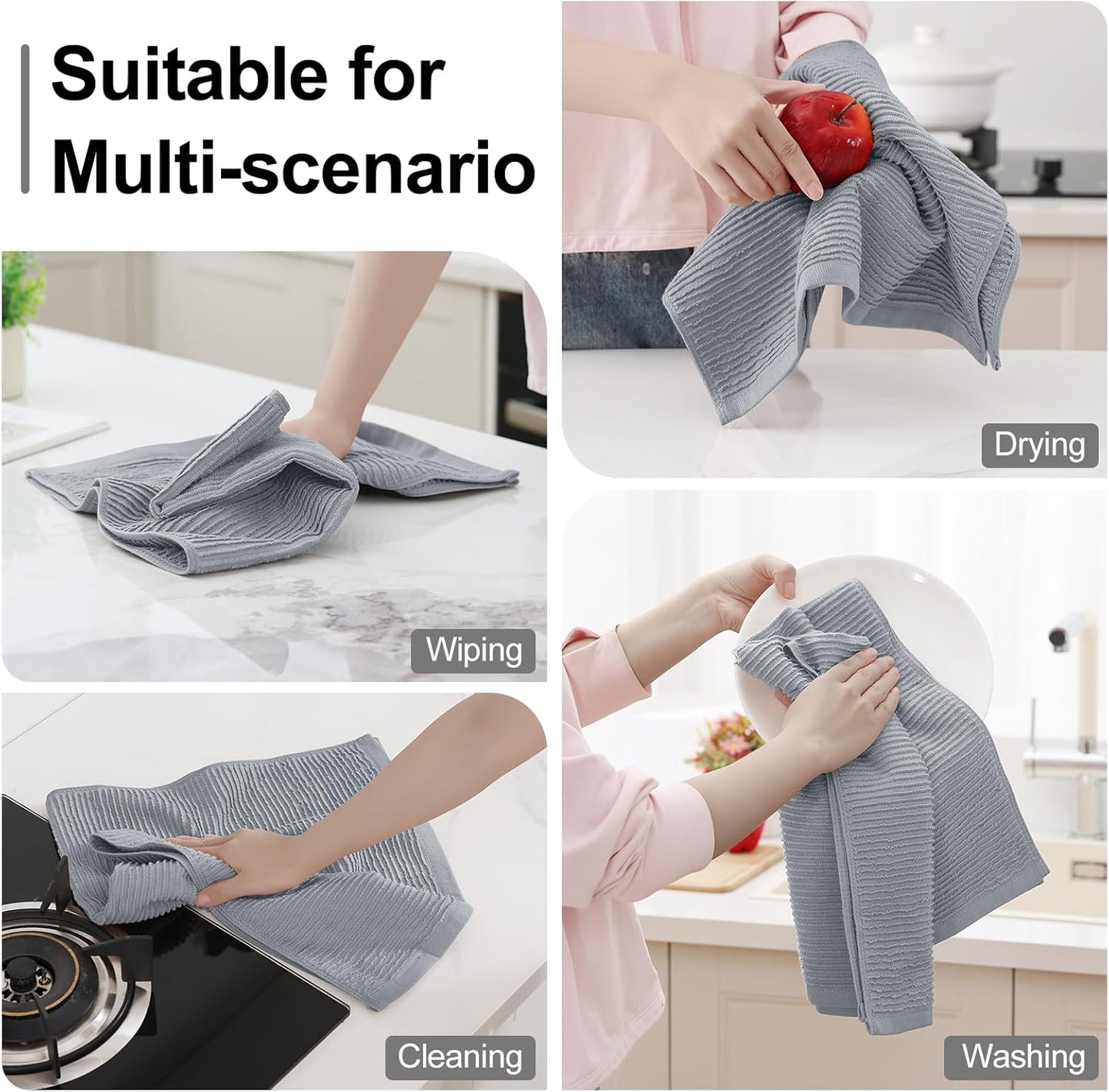 Homaxy Premium Kitchen Towels (18"x 28", 8 Pack), Large 100% Cotton Kitchen Hand Towels, Ultra Absorbent Ribbed Terry Tea Towels Set with Hanging Loop, Grey