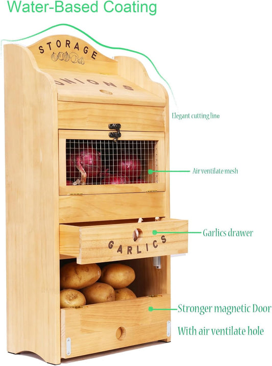 Potato Bin Veggie Organizer Rustic Pine Wood Potato, Onion & Garlic Storage Bin | Kitchen Organizer | Solid Wood Veggie Box | Compact Kitchen Box (13.77" L x 7.1" W x 29.3" H)