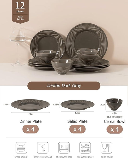 Dinnerware sets plates and bowls sets modern plates,Handmade Reactive Glaze Stoneware Plates and Bowls Sets,Highly Scratch Resistant Dishwasher & Microwave Safe Dishes Set (style - 2, 4 - Set (12pcs))