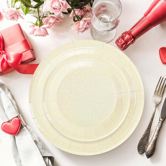 50 Pcs Iridescent Ivory Paper Plates 25 × 7'' and 25 × 9'' Disposable Ivory Shiny Holographic Foil Dinner Plates for Wedding Baby Shower Birthday Disco Party Glitter Dessert Plate