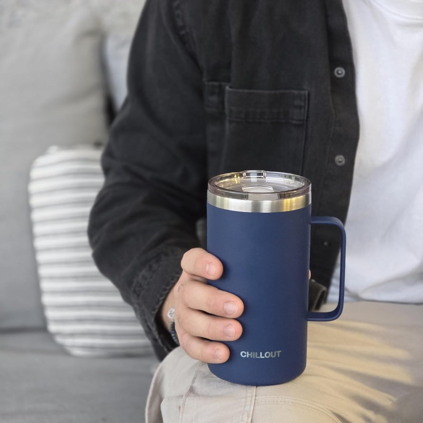 CHILLOUT LIFE Stainless Steel Vacuum Insulated Coffee Mug 16 oz (Set of 2) with Handle and Lid, Large Thermal Camping Coffee Mugs with Sliding Lid for Men & Women, Keeps Your Beverages Hot & Cold