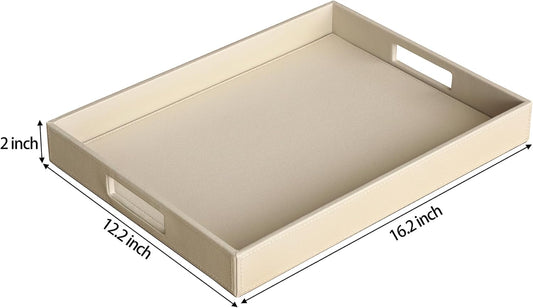 HofferRuffer Rectangle Serving Tray with Hole Handles for Coffee Table, Breakfast, Tea, Food, Butler - Countertop, Kitchen, Vanity Serve Tray, 16.2 x 12.2 x 2 inches, Faux Leather (Dark CreamWhite)