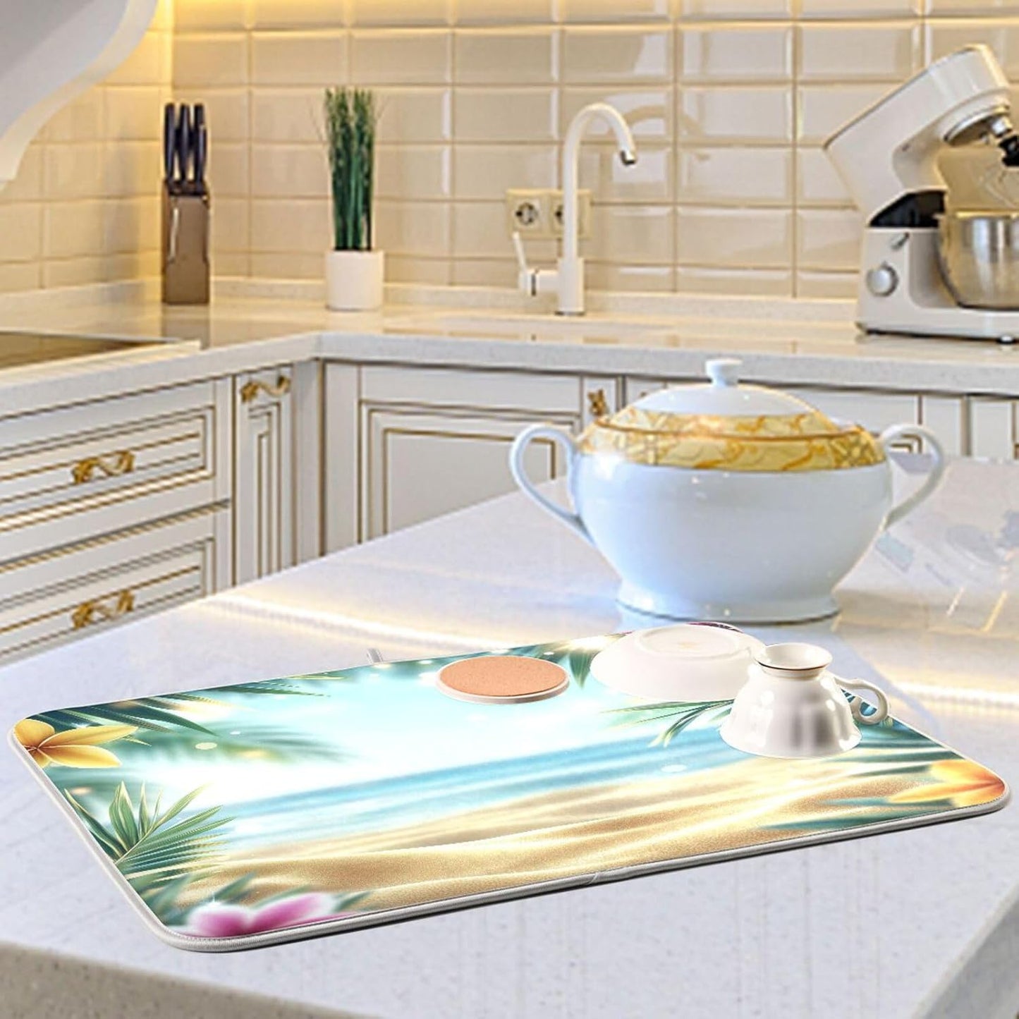 Summer Tropical Flowers Palm Leaves Dish Drying Mat for Kitchen Counter Super Absorbent Dishes Pad Reversible Microfiber Protector Dish Draining Mats 16x18 inch