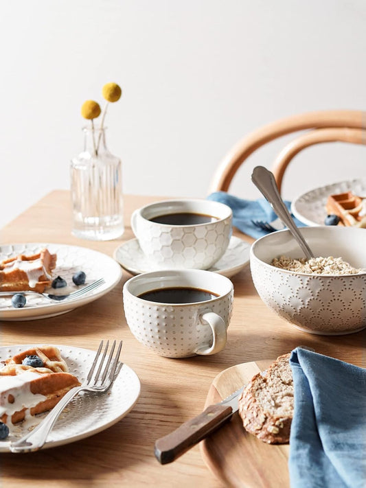 LE TAUCI Cappuccino Cups with Saucers 8 oz, Ceramic Large Coffee Cup for Au Lait, Double shot, Latte, Cafe Mocha, Tea, Dishwasher Safe - Set of 4, Arctic white