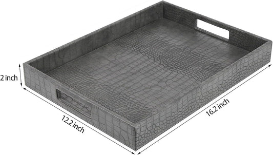 HofferRuffer Rectangle Serving Tray with Hole Handles for Coffee Table, Breakfast, Tea, Food, Butler - Countertop, Kitchen, Vanity Serve Tray, 16.2 x 12.2 x 2 inches, Faux Leather Tray (Dark Grey)