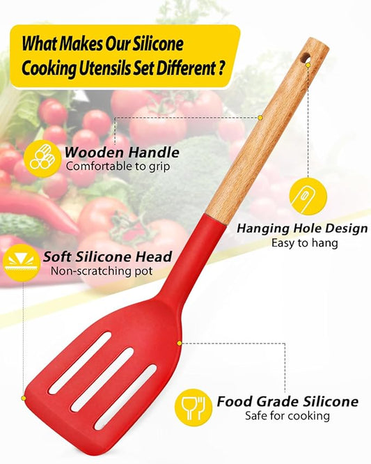 Pack of 4 Silicone Cooking Utensils Set, Non Stick Solid Spatulas and Heat Resistant Slotted Spoons with Wooden Handle, Ideal Wood Kitchen Utensils Set for Frying,Serving,Turning,Stirring (RED)