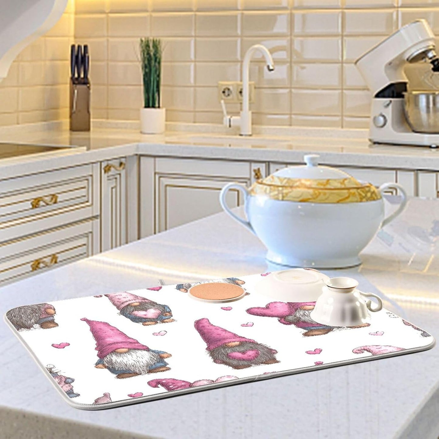 Cute Gnomes with Pink Hats Dish Drying Mat Super Absorbent Drying Mat 16x18 inch Large Dish Drying Mats for Kitchen Counter Dish Drying Pads Kitchen Drying Matt for Countertop
