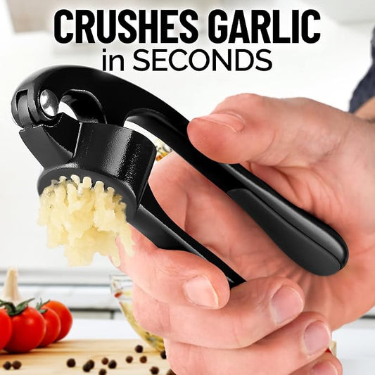 Zulay Kitchen Premium Garlic Press Set - Rust Proof & Dishwasher Safe Professional Garlic Mincer Tool - Easy-Squeeze, Easy-Clean with Soft, Ergonomic Handle - Silicone Garlic Peeler & Brush (Black)