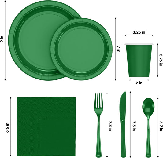 Exquisite 350 Pcs Emerald Paper Plates For Party, Emerald Disposable Plates Set, 50 Of Each 9" Dinner Plate Set, 7" Dessert Plate, Cups, Napkins & Cutlery Paper Dinnerware