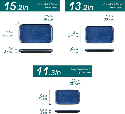 vancasso Stern Serving Platters Set of 3, 15/13/ 11 Inches Rectangular Serving Plates, Blue Serving Trays for Entertaining, Party