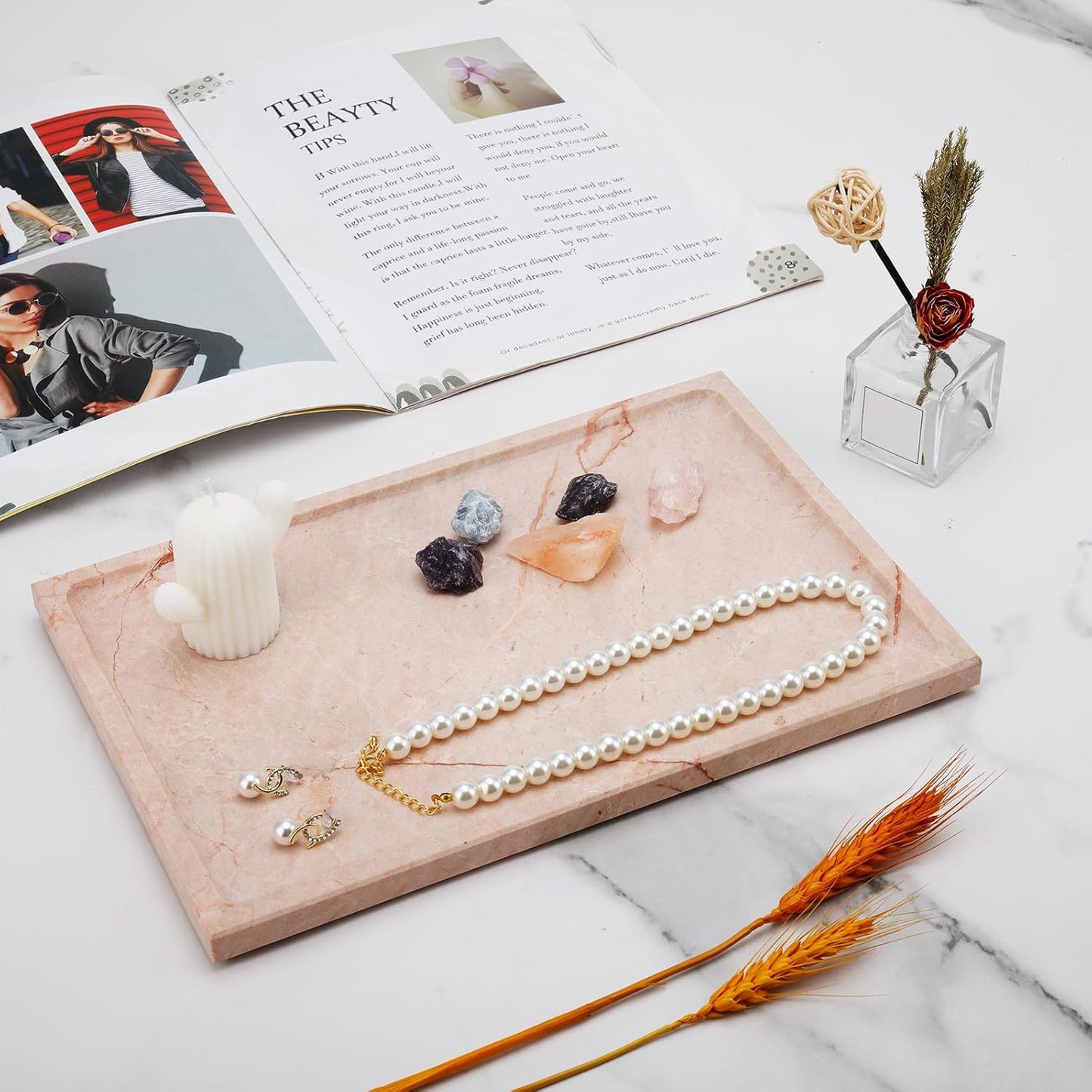 Real Luxurious Natural Marble Tray - 12x8 Inch Marble Vanity Tray for Perfume Display, Jewelry Organizer, Bathroom & Home Decor -Heavy Duty Non-Slip Stone Tray (Non-Resin/Non-Ceramic)(Pink)