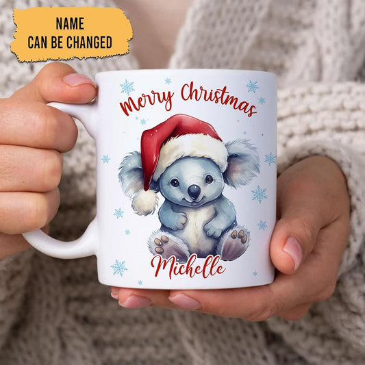 Hyturtle Personalized Gifts Koala Lover - Koala Wearing Santa Hat Custom Name Ceramic Coffee Mug Cup 11oz - Cute Animal Lovers Gifts For Women, Girl kids Family On Birthday, Christmas