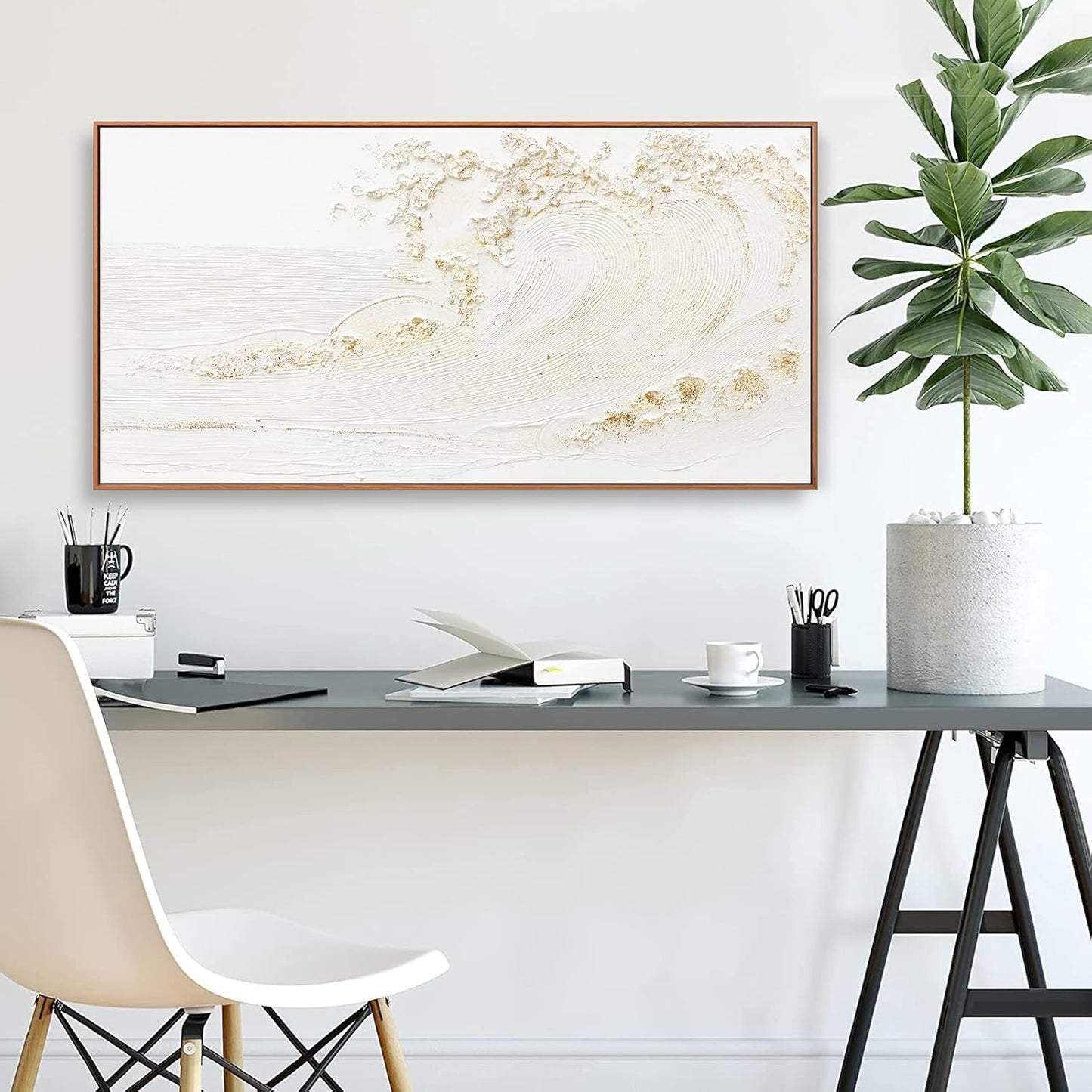Framed Wall Art Wall Decor Nature Decor Canvas Hand Painted White Wave With Golden Embellishments Artwork Painting Picture For Living Room Bedroom Living Room And Office Wall Decor 24x48 Inch
