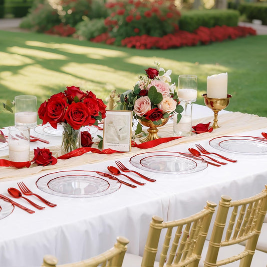 EI 150pcs Clear and Red Plastic Plates,Plastic Plates and sliverware,Clear Disposable Party Dinnerware Set for 30 Guests,Red Wavy Petal Edge Disposable Dinnerware Set for Wedding,Showers,Birthdays.