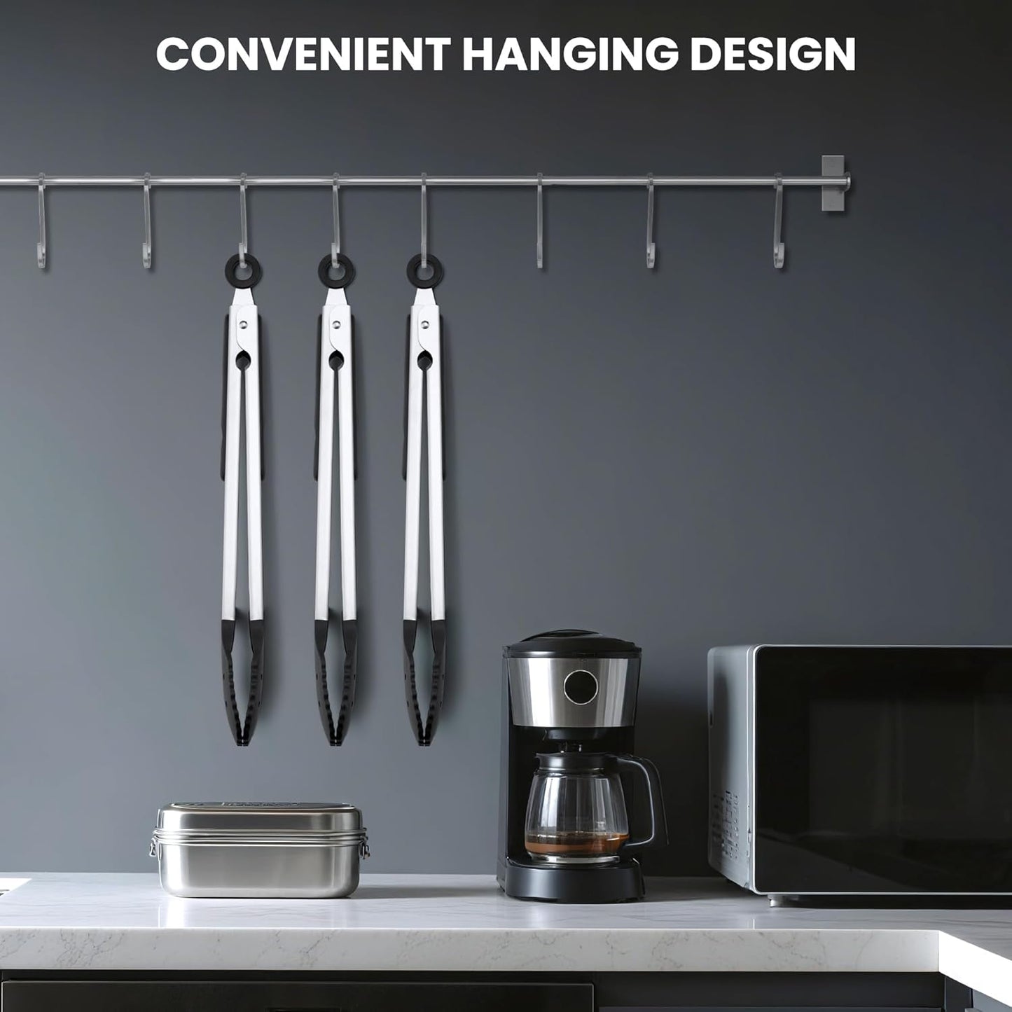 12 Inch Silicone Cooking Tongs, 600ºF Heat Resistant Kitchen Tongs with Silicone Tip & Integrated Tool Rests for Cooking, Grilling, Tossing Salad, Serving Food, Non-Stick & Dishwasher Safe (Black)