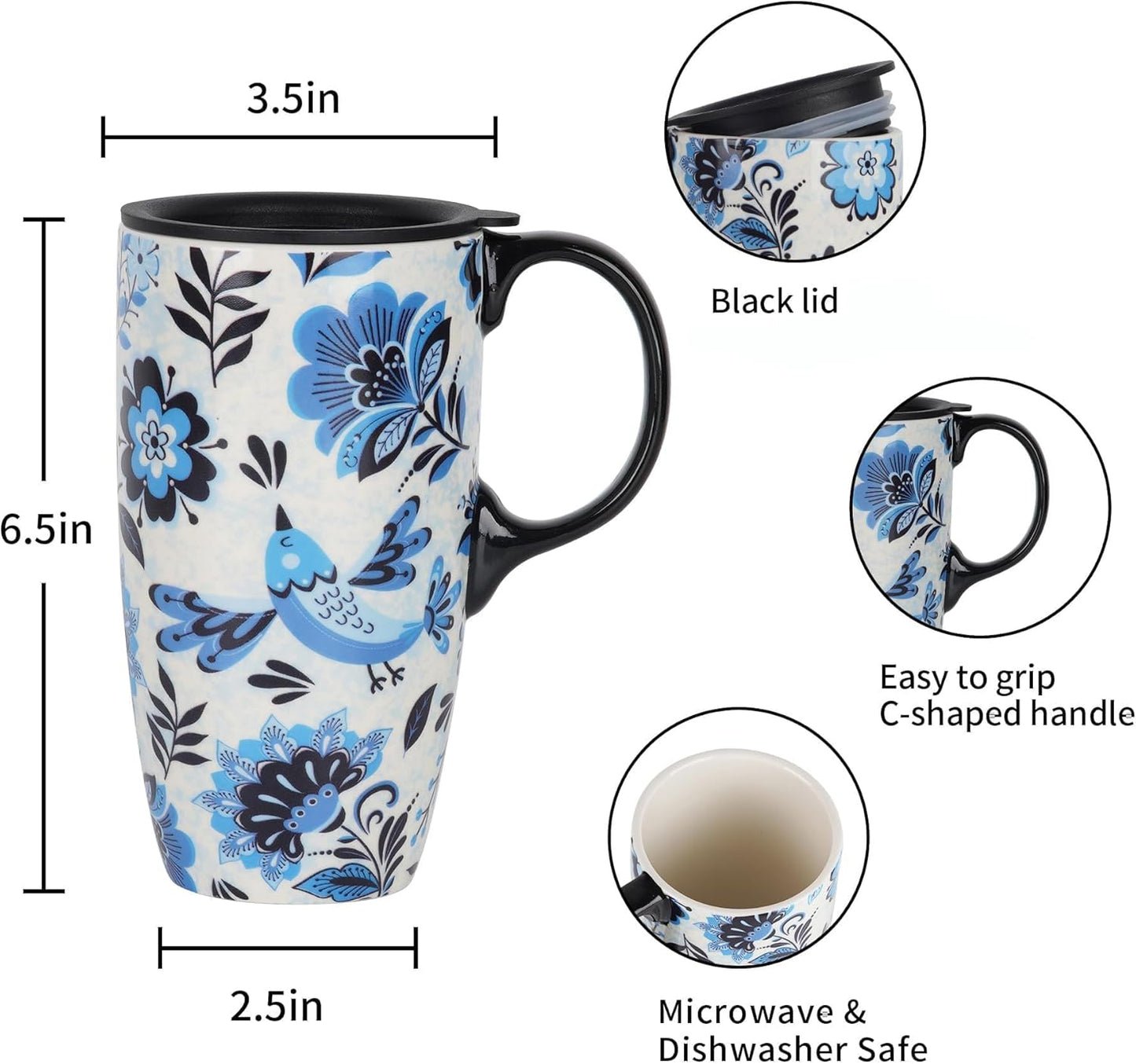 Topadorn Ceramic Coffee Mug Travel Cup with Lid and Color Box,17oz Microwave & Dishwasher Safe Coffee Tumbler, Blue Bird