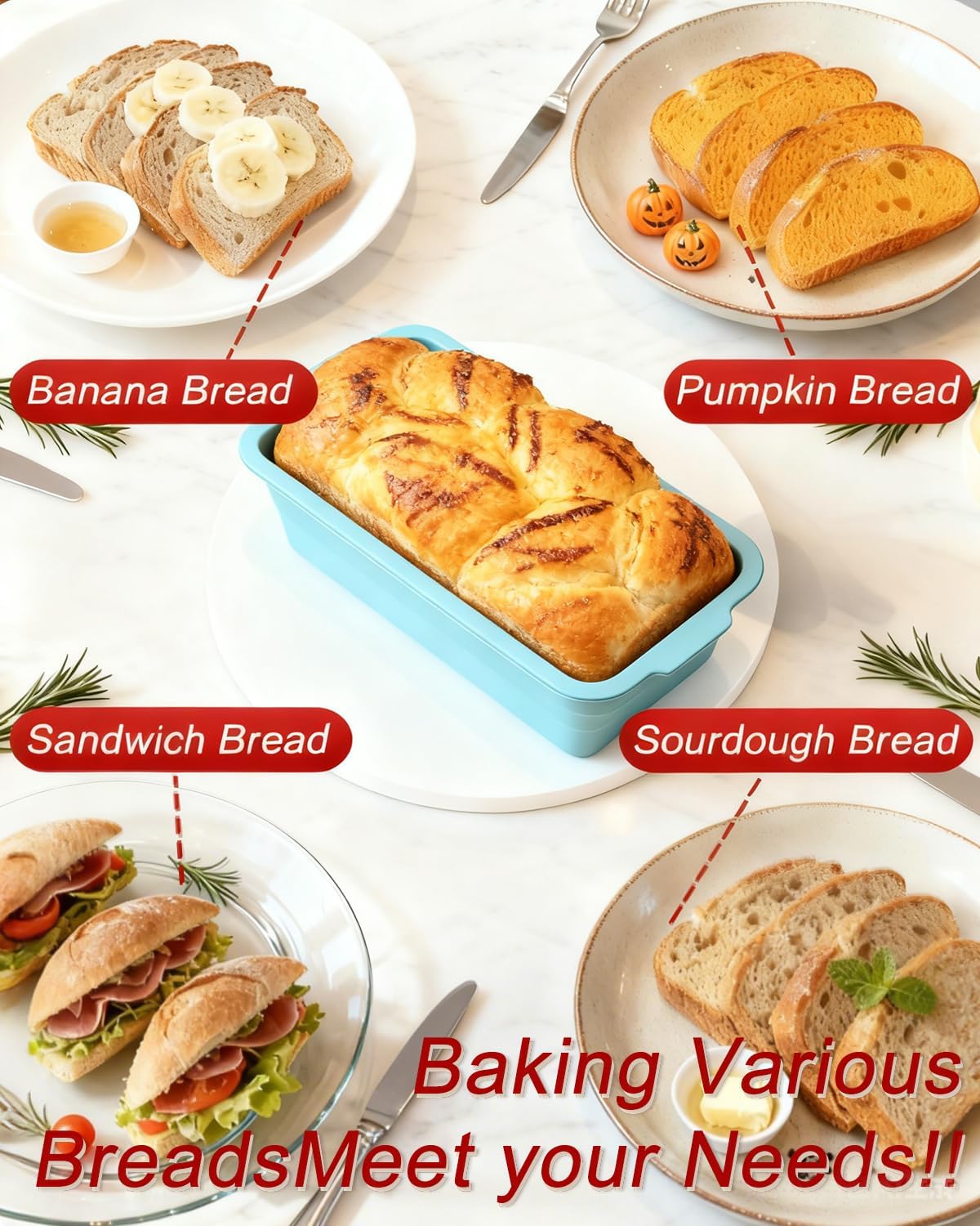 Large size foldable silicone bread loaf pan with lid,11x4.7 Inch easy to store non stick Bread Baking Pans,Sourdough Bread Pan with Baking Tool Supplies Kit for Homemade Bread, Cake