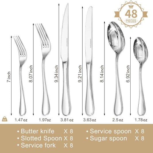 KINGSTONE 48 Piece Teardrop Silverware Set with Steak Knives, 18/10 Stainless Steel Flatware Set for 8, Modern Design Cutlery Set for Home/Hotel/Wedding,Mirror Polished and Dishwasher Safe