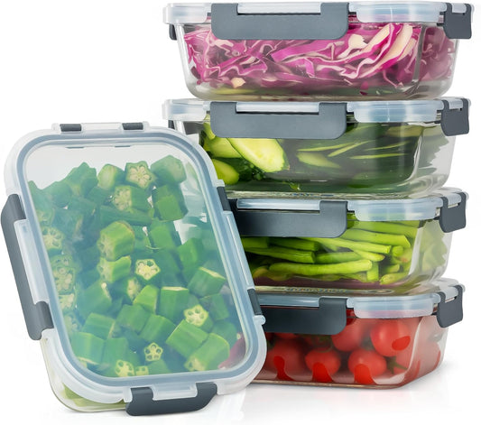 5 PACK 36 oz Glass Meal Prep Containers, Glass Food Containers with Snap-Lock Lids, Airtight Lunch Containers, Microwave, Oven, Refrigerator and Dishwasher Safe,Gray