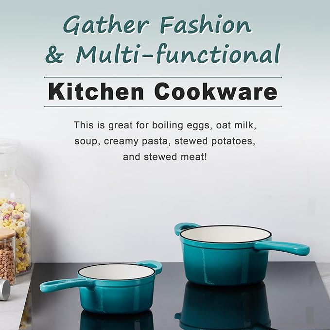 1 Qt & 2 Qt Sauce Pan Sets, Leonyo Enameled Cast Iron Sauce Pan with Lid, Small Saucepan Cast Iron Dutch Oven Kitchen Cookware for All Cooktops Cooking Pasta, Milk, Oatmeal - Up to 500°F, Lake Green