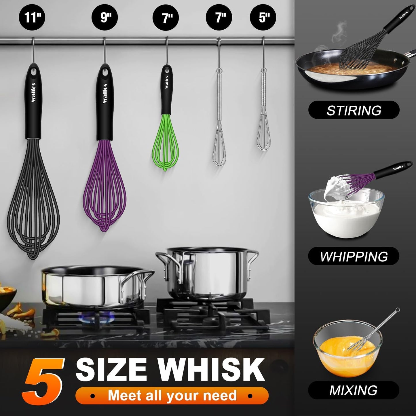 Walfos Whisks,Silicone Whisk Non Scratch,Whisks for Cooking,BPA free and Dishwasher Safe.Nice for Mixing and Beating.5pcs whisk set (5+7in mini whisk +7+9+11in balloon whisk)