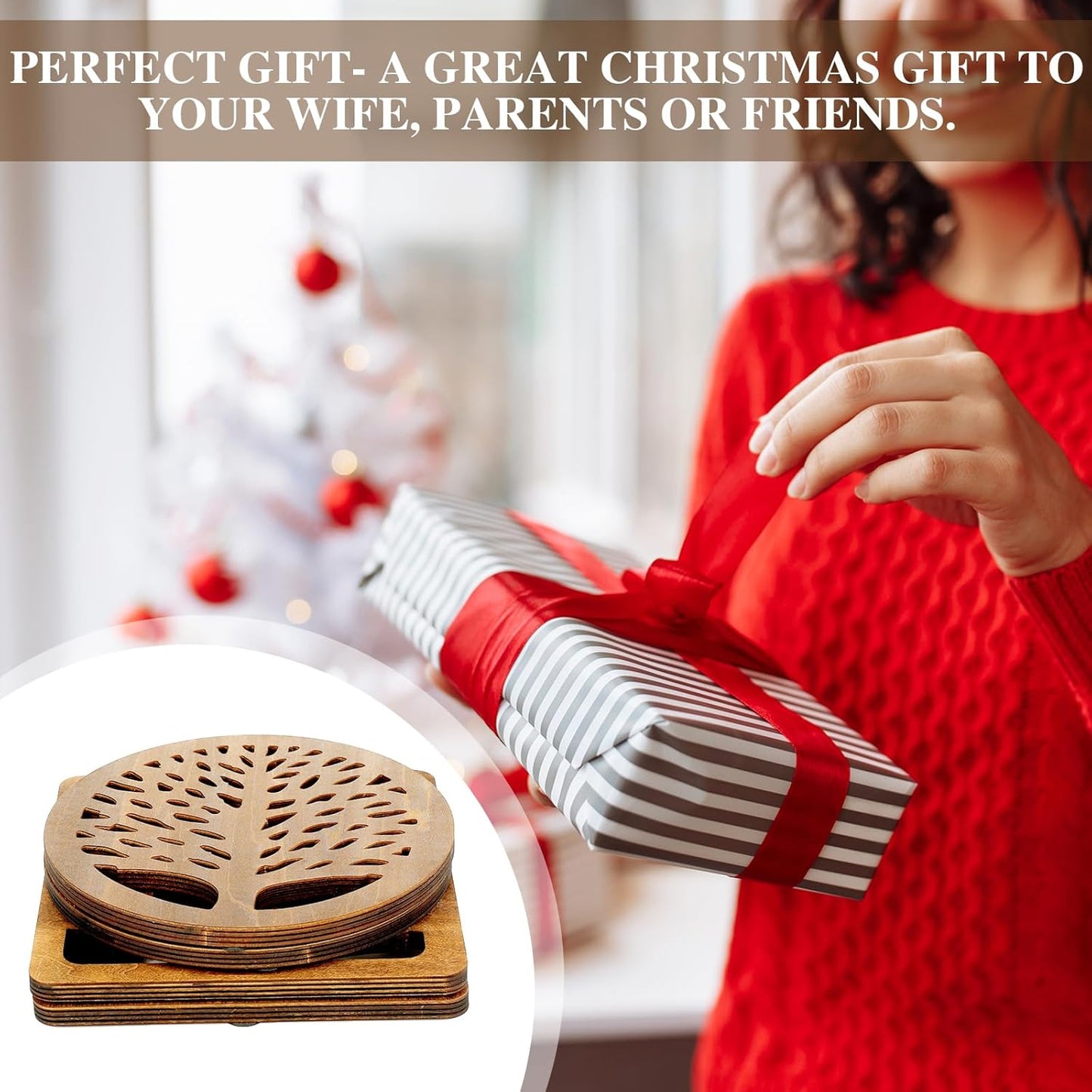 5 Pcs Life Tree Wooden Trivets with Storage Rack Hot Pads Trivets for Hot Dishes Pots and Pans Heat Resistant Mat Set Tea Pot Holders for Kitchen Dining Table(Light Wood)