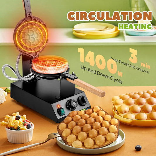 1400W Bubble Waffle Maker Non-stick Electric Waffle Iron Machine 360° Rotate 482℉/250℃ 3Min Fast Heating with 4 Accessories(Brush/Clip/Picker/Dishcloth)
