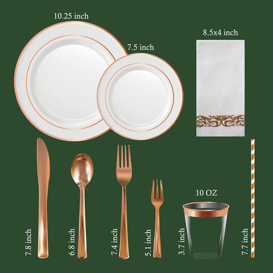 Neatiffy 225 Pcs Rose Gold Rim Plastic Dinnerware Set (25 Guests) | 25 x (Dinner Plate, Dessert Plate, Plastic Silverware, Cup, Napkin, Straw) | For Wedding, Luxurious Party, Special Event
