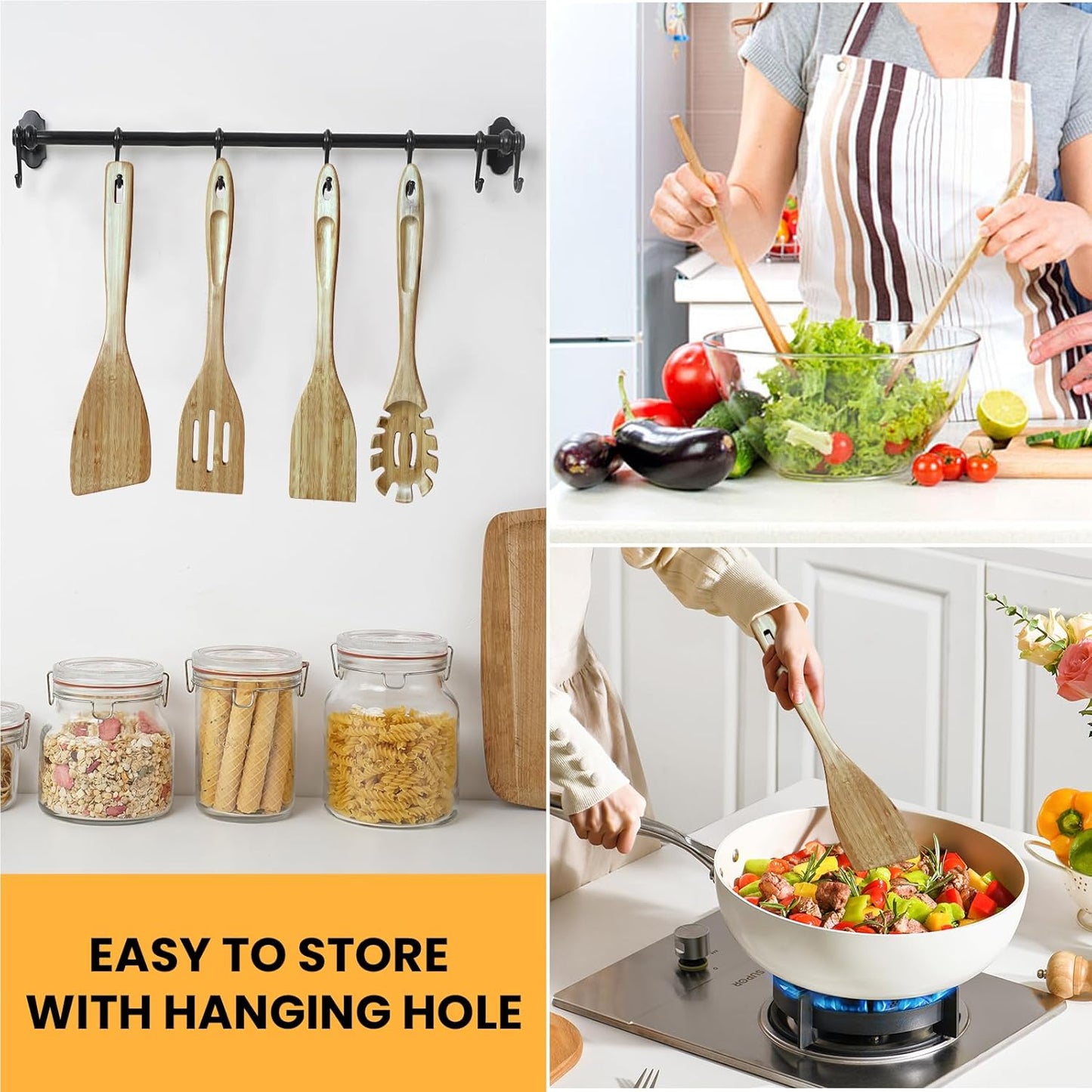 GEEKHOM Bamboo Spatulas for Nonstick Cookware, 13 Inch Wooden Kitchen Utensils, 4 Pack Wooden Spatula for Cooking, Slotted Wok Turners, Flipper for Pancake, Fish, Egg