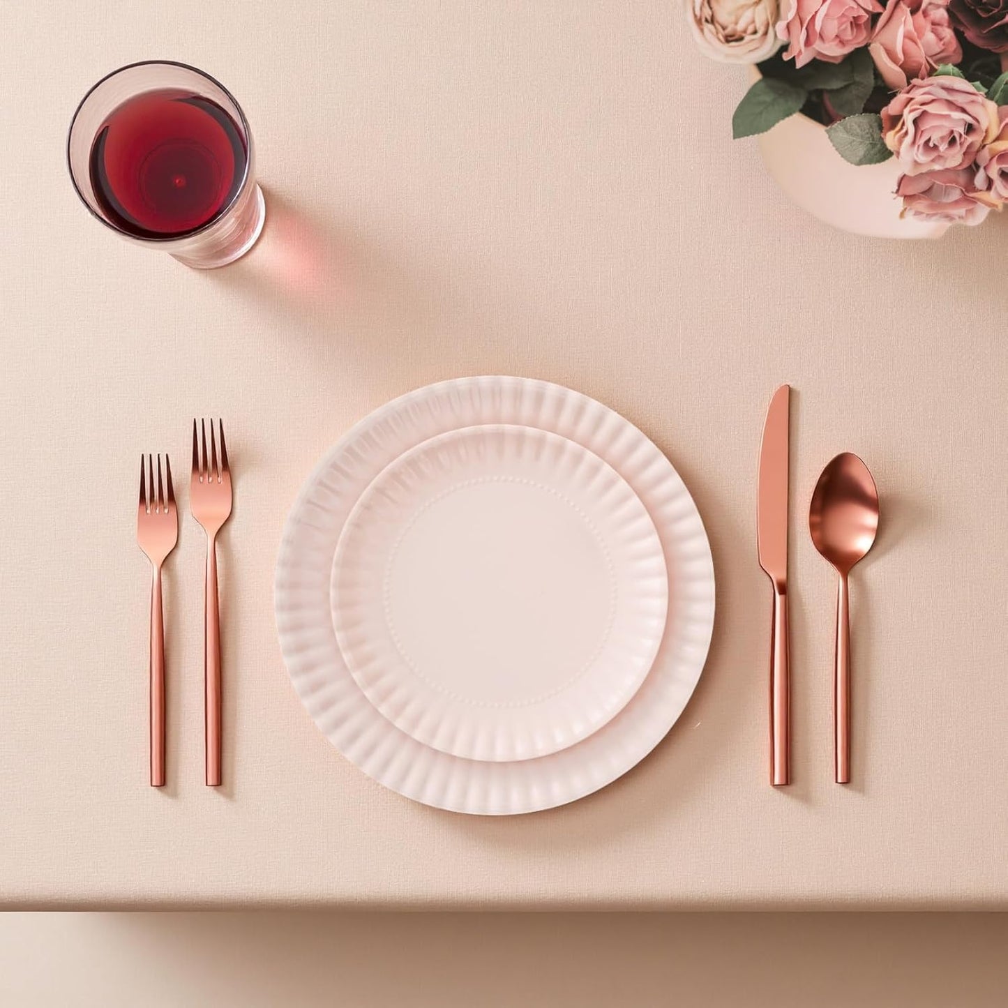 TP Melamine Dinner Plates Set of 8, 8” Salad Dessert Plates and 10.5” Dinner Plates, Dinnerware Set for 4, Indoors and Outdoors, Light Pink